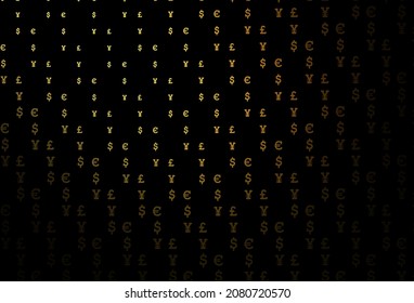 Amarillo oscuro, cubierta vectorial anaranjada con EUR, USD, GBP, JPY. Diseño desenfocado con símbolos de dólar, USD, ee.uu. El patrón se puede usar para anuncios, folletos, folletos de bancos.