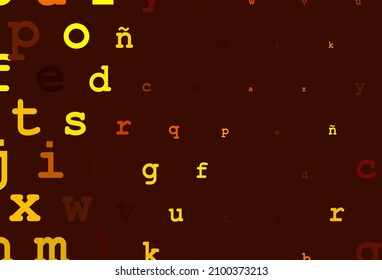 Dark yellow, orange vector cover with english symbols. Blurred design in simple style with signs of alphabet. The pattern can be used as ads, poster, banner for books.