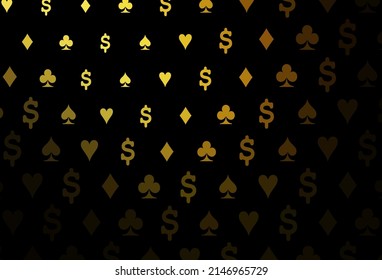 Dark yellow, orange vector cover with symbols of gamble. Illustration with set of hearts, spades, clubs, diamonds. Template for business cards of casinos.