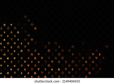 Dark yellow, orange vector cover with symbols of gamble. Illustration with set of hearts, spades, clubs, diamonds. Smart design for your business advert of casinos.