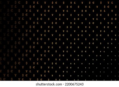 Amarillo oscuro, cubierta vectorial anaranjada con EUR, USD, GBP, JPY. Diseño desenfocado con símbolos de dólar, USD, ee.uu. El patrón se puede usar para anuncios, folletos, folletos de bancos.