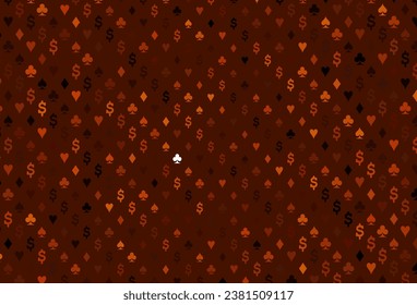 Dunkelgelbe, orangefarbene Vektorgrafik mit Symbolen für Glücksspiel. Illustration mit Herzen, Pik, Clubs, Diamanten. Design für Werbung, Poster, Banner der Glücksspiel-Websites.