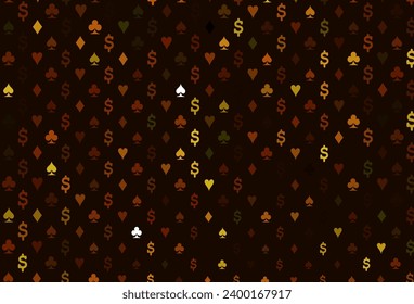 Dark yellow, orange vector cover with symbols of gamble. Colorful gradient with signs of hearts, spades, clubs, diamonds. Design for ad, poster, banner of gambling websites.