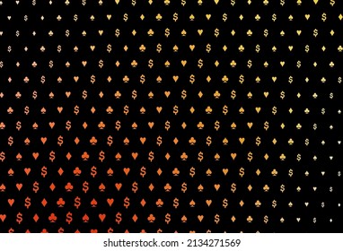 Dark yellow, orange vector layout with elements of cards. Colored illustration with hearts, spades, clubs, diamonds. Pattern for leaflets of poker games, events.