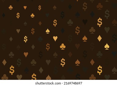 Dark yellow, orange vector layout with elements of cards. Blurred decorative design of hearts, spades, clubs, diamonds. Smart design for your business advert of casinos.