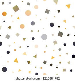 Dark Yellow, Orange vector seamless background with triangles, circles, cubes. Decorative design in abstract style with lines, dots, cubes. Pattern for design of window blinds, curtains.