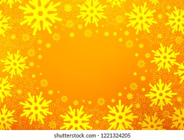 Dark Yellow, Orange vector template with ice snowflakes. Snow on blurred abstract background with gradient. The pattern can be used for year new  websites.