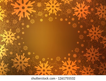 Dark Yellow, Orange vector template with ice snowflakes. Snow on blurred abstract background with gradient. New year design for your business advert.