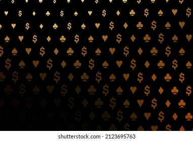 Dark yellow, orange vector template with poker symbols. Blurred decorative design of hearts, spades, clubs, diamonds. Pattern for ads of parties, events in Vegas.