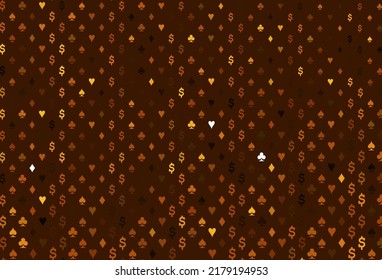 Dark yellow, orange vector template with poker symbols. Colored illustration with hearts, spades, clubs, diamonds. Pattern for booklets, leaflets of gambling houses.