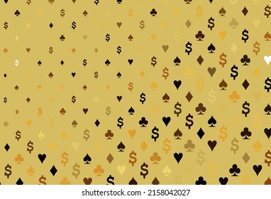Dark yellow, orange vector texture with playing cards. Colorful gradient with signs of hearts, spades, clubs, diamonds. Pattern for leaflets of poker games, events.