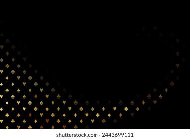 Dark yellow, orange vector texture with playing cards. Blurred decorative design of hearts, spades, clubs, diamonds. Pattern for ads of parties, events in Vegas.
