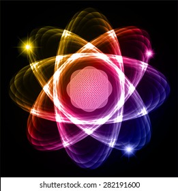 Dark yellow pink blue Shining atom scheme. Vector illustration. dark background. digital. infographics. Abstract Technology background for computer graphic website internet and business. circuit.