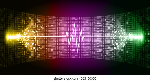 Dark yellow purple green Sound wave background suitable as a backdrop for music, technology and sound projects. Blue Heart pulse monitor with signal. Heart beat.