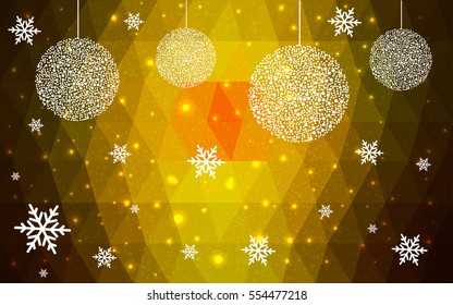 Dark Yellow, Red christmas postcard low polygon background. Vector illustration consisting of triangles. Abstract triangular polygonal origami or crystal design of New Year celebration.