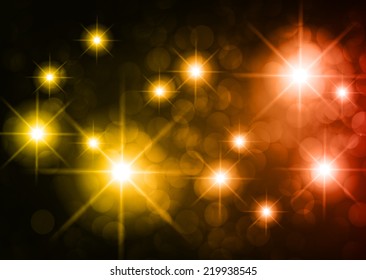 Dark yellow red sparkling background with stars in the sky and blurry lights, illustration. Abstract, Universe, Galaxies.