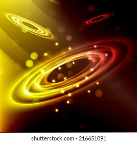 Dark yellow sparkling background with stars in the sky and blurry lights, illustration.  Abstract, Universe, Galaxies, ring.