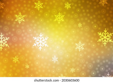 Fondo vector amarillo oscuro en estilo de vacaciones. Ilustración abstracta con bolas de Navidad y copos de nieve. Patrón de folletos, folletos educativos.