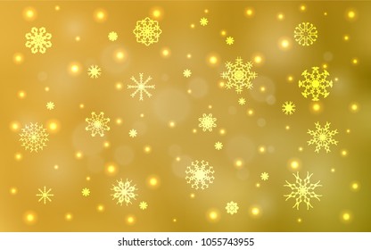 Dark Yellow vector cover with beautiful snowflakes. Decorative shining illustration with snow on abstract template. The pattern can be used for new year leaflets.