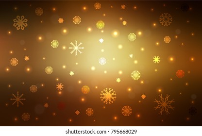 Dark Yellow vector cover with beautiful snowflakes. Shining colored illustration with snow in christmas style. New year design for your business advert.