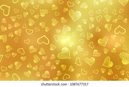 Dark Yellow vector cover with Shining hearts. Blurred decorative design in doodle style with hearts. Pattern for marriage gifts, congratulations.