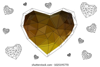 Dark Yellow vector greeting Card Happy Valentine's Day. Lettering with hearts on the white polygonal background. Colored triangular illustration for your business.