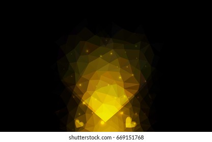 Dark Yellow vector greeting Card Happy Valentine's Day. Lettering with hearts on the white polygonal background. Colored triangular illustration for your business.