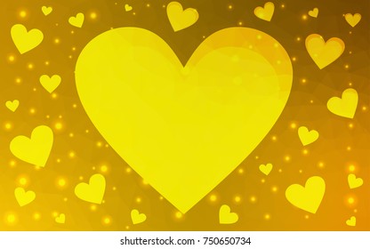Dark Yellow vector greeting Card Happy Valentine's Day. Lettering with hearts on the white polygonal background. Colored triangular illustration for your business.