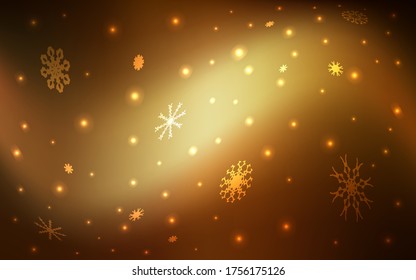 Dark Yellow vector layout with bright snowflakes. Snow on blurred abstract background with gradient. The pattern can be used for new year leaflets.
