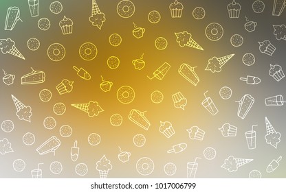Dark Yellow vector layout with sweet desserts. Glitter abstract sketch with sweets, candies, desserts. Doodle design for your business advert of cafes.