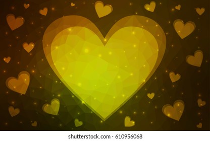 Dark Yellow vector love background with heart. Paper note. Valentine's greeting polygonal card. Triangular illustration for your business. Stock template for your design.