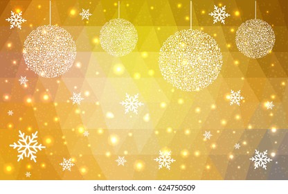 Dark Yellow vector low poly crystal background with snowflakes. Polygon christmas design pattern . Low poly illustration of New Year celebration.