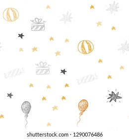 Dark Yellow vector seamless background in xmas style. Shining illustration with a toy car, baloon, candy, star, ball. Design for colorful commercials.