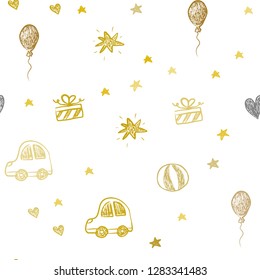 Dark Yellow vector seamless layout with new year gifts. Colorful illustration with a toy car, heart, baloon, tulip, candy, ball. Template for new year postcards.