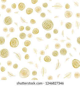 Dark Yellow vector seamless natural artwork with leaves and flowers. Sketchy doodles on white background. Pattern for design of fabric, wallpapers.