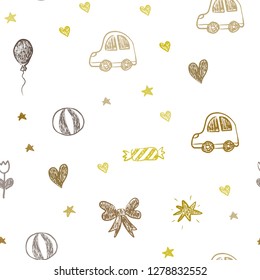 Dark Yellow vector seamless pattern with christmas toys. Shining illustration with a toy car, heart, baloon, tulip, candy, ball. Design for colorful commercials.