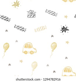 Dark Yellow vector seamless pattern in christmas style. Colorful illustration with a toy car, baloon, candy, star, ball. Design for colorful commercials.