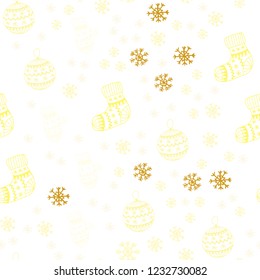 Dark Yellow vector seamless template with ice snowflakes, balls, socks, mittens. Colorful illustration with xmas symbols. Texture for window blinds, curtains.
