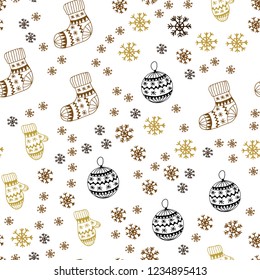 Dark Yellow vector seamless texture with colored snowflakes, balls, socks, mittens. Colorful decorative design in xmas style. Pattern for trendy fabric, wallpapers.