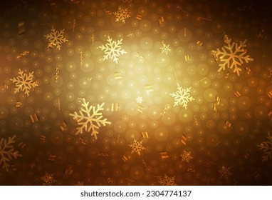 Textura vectorial amarilla oscura en estilo de cumpleaños. Ilustración con gradientes bolas de Navidad, copos de nieve. Patrón de folletos, folletos educativos.