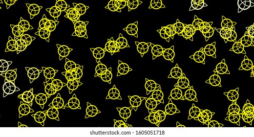 Dark Yellow vector texture with religion symbols. Colorful vintage illustration with gradient alchemy shapes. Best design halloween events.