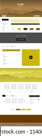 Dark Yellow vector ui ux kit with hills and rocks. Web ui kit with abstract gradient hills in its header. Simple colorful design for tourist websites.