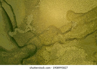 Dark yellow-green marble texture. Abstract vector background in alcohol ink technique. Template for banner, poster design. Fluid art painting