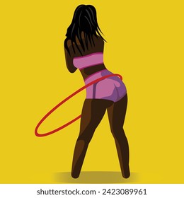 Dark Young strong sporty athletic fitness trainer instructor woman wearing pink tracksuit using hula hoop for slim waist training do exercises at home gym indoor. motivation concept