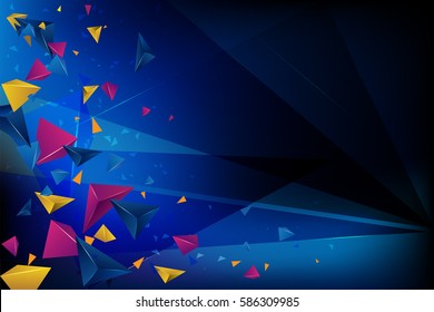 Dark-blue abstract background image with randomly set triangles and pyramids, vector concept, left oriented