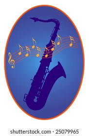 darkblue badge with a saxophon and notes