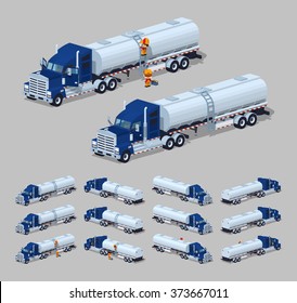 Dark-blue heavy truck with silver tank-trailer. 3D lowpoly isometric vector illustration. The set of objects isolated against the grey background and shown from different sides