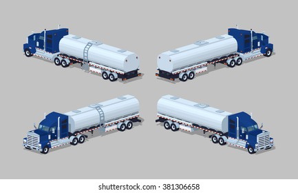 Dark-blue heavy truck with silver tank-trailer. 3D lowpoly isometric vector illustration. The set of objects isolated against the grey background and shown from different sides