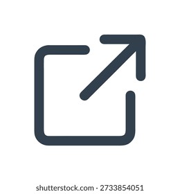 Dark-blue minimalistic share icon with outgoing arrow. Stroke shape, clean and on White Background.