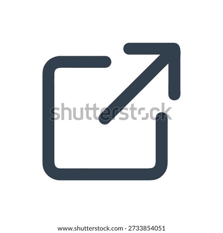 Dark-blue minimalistic share icon with outgoing arrow. Stroke shape, clean and on White Background.